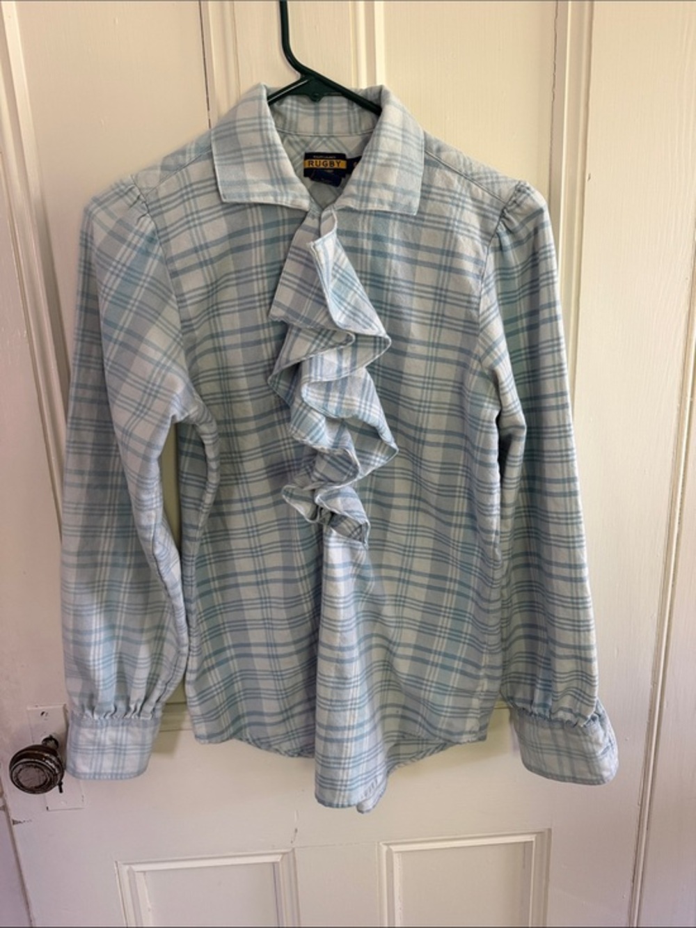 Ralph Lauren Light Blue Plaid Ruffle Front Button-Down Shirt